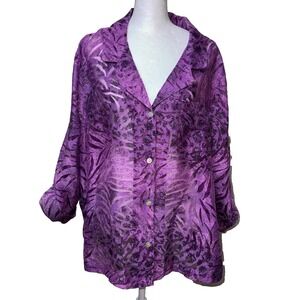 French Laundry 2X Purple Tiger Burnout Blouse Sheer Animal Print Whimsigoth